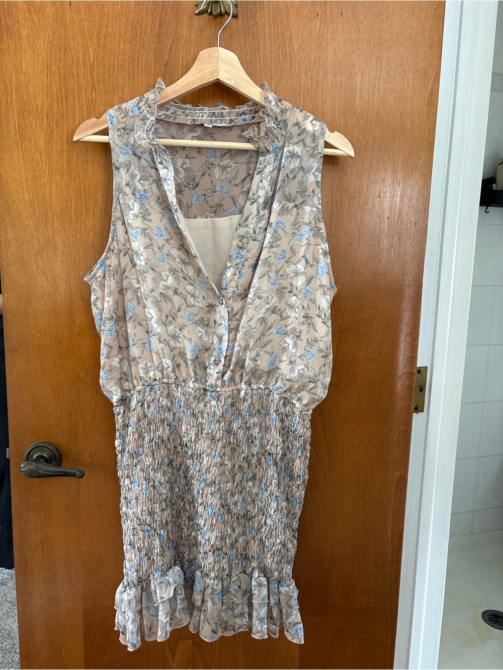 Fate Sleeveless Beige Mini Dress with Blue Floral Motif